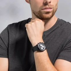 Herren Chronograph Quarz Leder schwarz